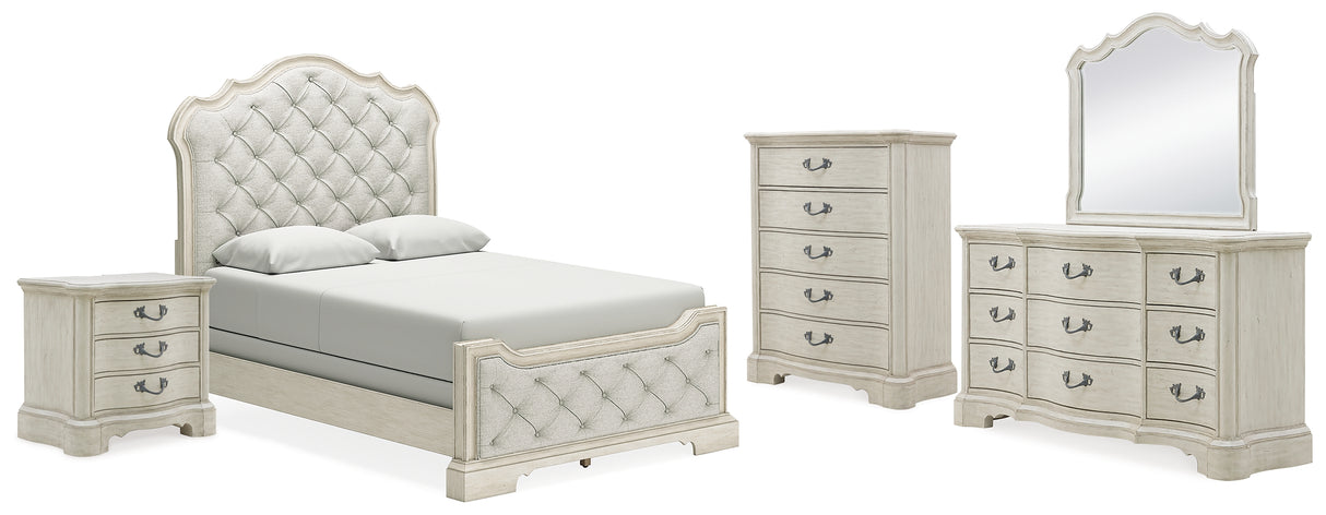 Arlendyne 7-Piece Queen Upholstered Bed with Mirrored Dresser, Chest and Nightstand (Queen Upholstered Panel footboard with Slats, Queen Upholstered Panel Headboard, Queen/King Panel Rails, Dresser, Bedroom Mirror, Chest of Drawers, Nightstand)