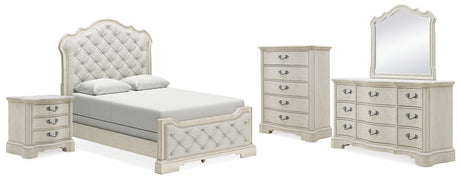 Arlendyne 7-Piece Queen Upholstered Bed with Mirrored Dresser, Chest and Nightstand (Queen Upholstered Panel footboard with Slats, Queen Upholstered Panel Headboard, Queen/King Panel Rails, Dresser, Bedroom Mirror, Chest of Drawers, Nightstand)