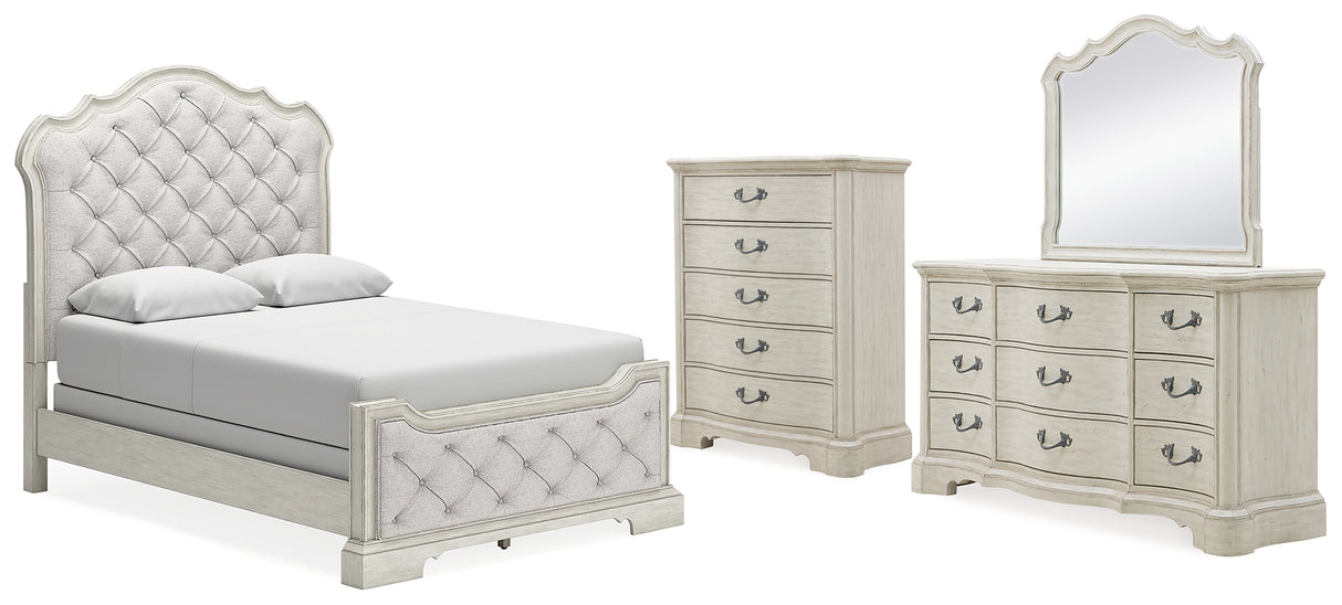 Arlendyne 6-Piece Queen Upholstered Bed with Mirrored Dresser and Chest (Queen Upholstered Panel footboard with Slats, Queen Upholstered Panel Headboard, Queen/King Panel Rails, Dresser, Bedroom Mirror, Chest of Drawers)