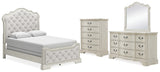 Arlendyne 6-Piece Queen Upholstered Bed with Mirrored Dresser and Chest (Queen Upholstered Panel footboard with Slats, Queen Upholstered Panel Headboard, Queen/King Panel Rails, Dresser, Bedroom Mirror, Chest of Drawers)