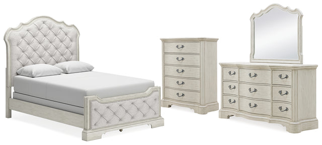 Arlendyne 6-Piece Queen Upholstered Bed with Mirrored Dresser and Chest (Queen Upholstered Panel footboard with Slats, Queen Upholstered Panel Headboard, Queen/King Panel Rails, Dresser, Bedroom Mirror, Chest of Drawers)