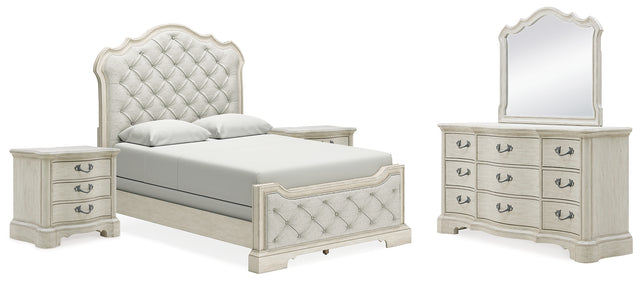 Arlendyne 7-Piece Queen Upholstered Bed with Mirrored Dresser and 2 Nightstands (Queen Upholstered Panel footboard with Slats, Queen Upholstered Panel Headboard, Queen/King Panel Rails, Dresser, Bedroom Mirror, Nightstand, Nightstand)
