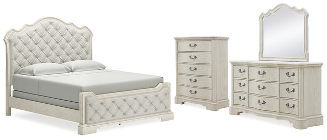 Arlendyne 6-Piece King Upholstered Bed with Mirrored Dresser and Chest (King/California King Upholstered Panel Footboard with Slats, King/California King Upholstered Panel Headboard, Queen/King Panel Rails, Dresser, Bedroom Mirror, Chest of Drawers)