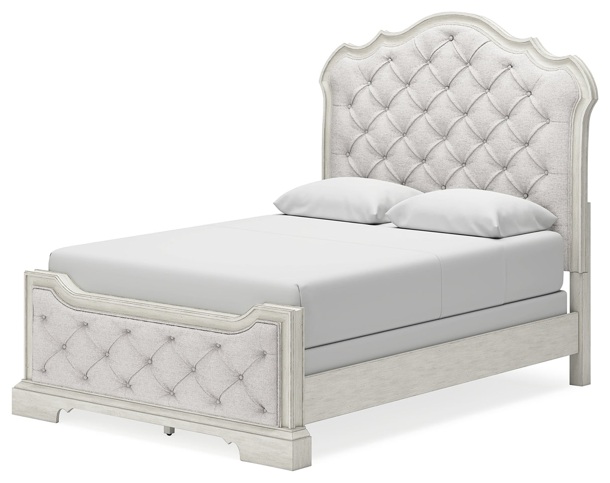 Arlendyne 7-Piece Queen Upholstered Bed with Mirrored Dresser, Chest and Nightstand (Queen Upholstered Panel footboard with Slats, Queen Upholstered Panel Headboard, Queen/King Panel Rails, Dresser, Bedroom Mirror, Chest of Drawers, Nightstand)