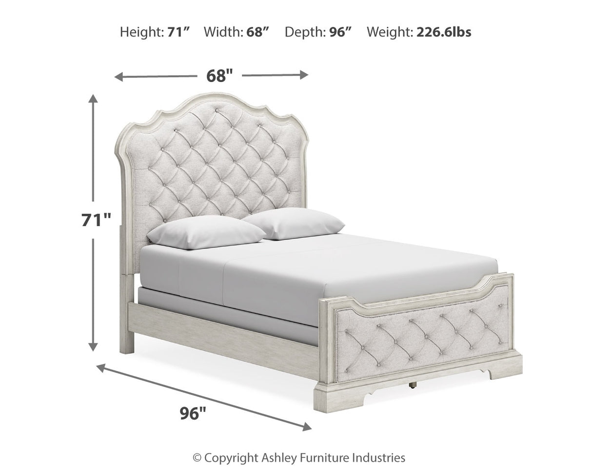 Arlendyne 7-Piece Queen Upholstered Bed with Mirrored Dresser and 2 Nightstands (Queen Upholstered Panel footboard with Slats, Queen Upholstered Panel Headboard, Queen/King Panel Rails, Dresser, Bedroom Mirror, Nightstand, Nightstand)