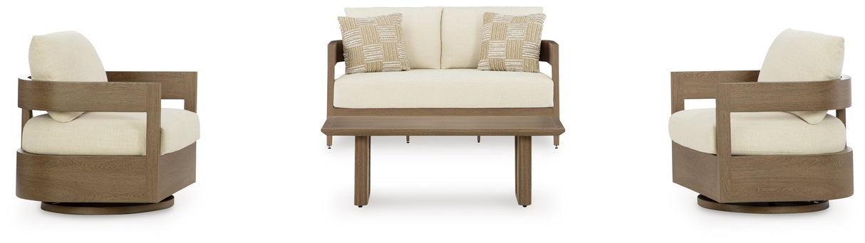 Serene Bay 4-Piece Outdoor Loveseat and 2 Chairs with Coffee Table (Outdoor Loveseat with Cushion, Outdoor Swivel Glider Chair with Cushion, Outdoor Swivel Glider Chair with Cushion, Outdoor Coffee Table)