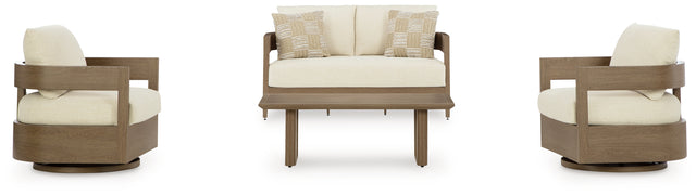 Serene Bay 4-Piece Outdoor Loveseat and 2 Chairs with Coffee Table (Outdoor Loveseat with Cushion, Outdoor Swivel Glider Chair with Cushion, Outdoor Swivel Glider Chair with Cushion, Outdoor Coffee Table)