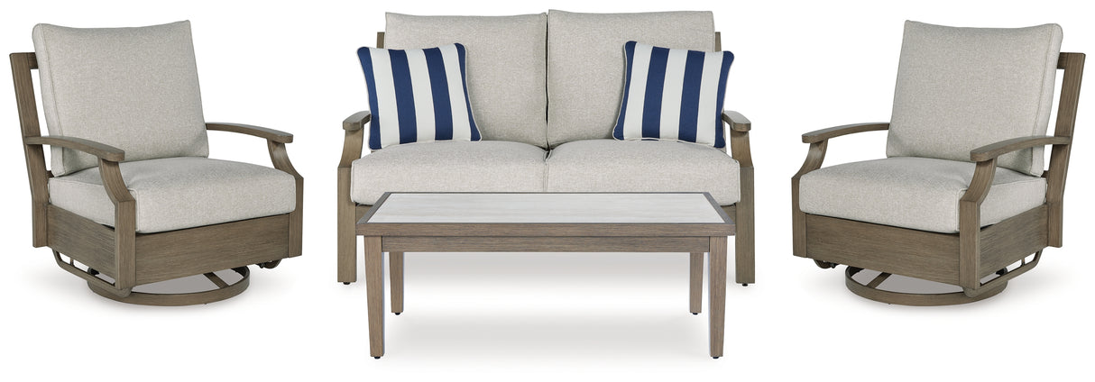 Rainier Ranch 4-Piece Outdoor Loveseat and 2 Chairs with Coffee Table (Outdoor Loveseat with Cushion, Outdoor Swivel Glider Chair with Cushion, Outdoor Swivel Glider Chair with Cushion, Outdoor Coffee Table)