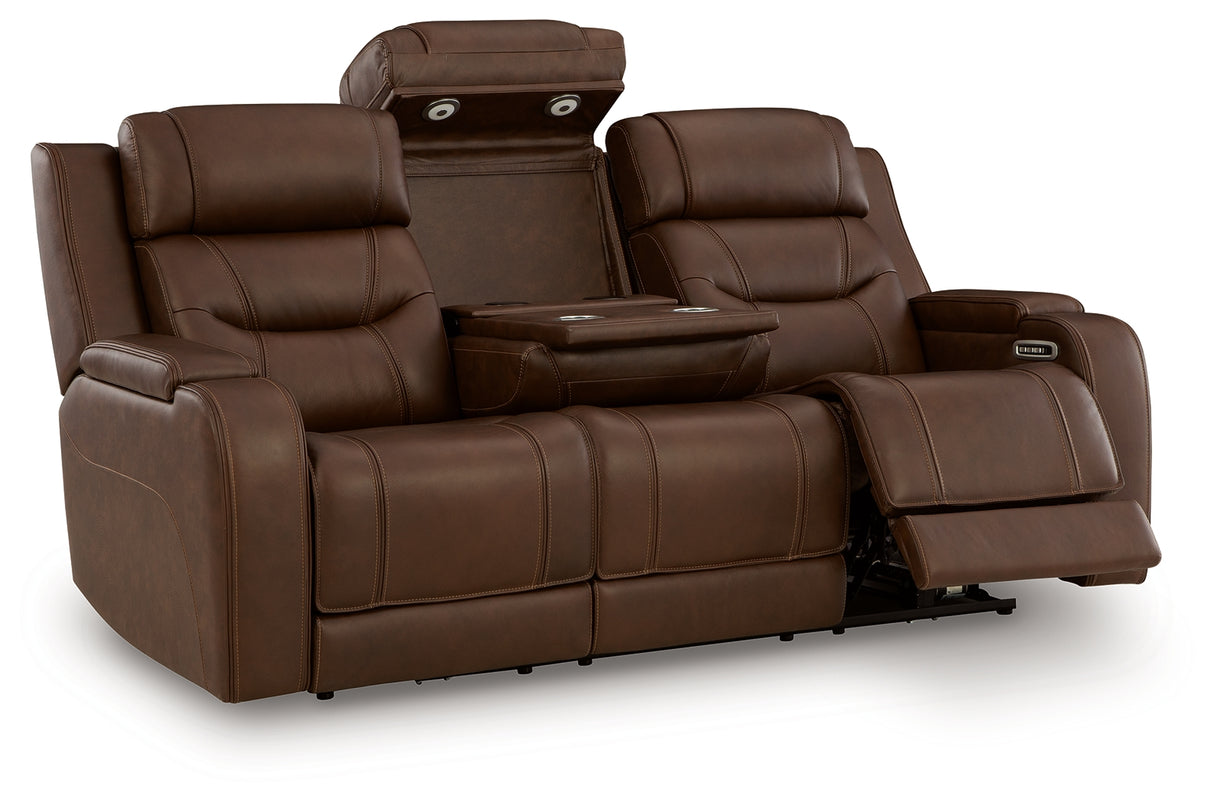 Knightington Power Reclining Sofa with Audio Seating (Color: Brown)