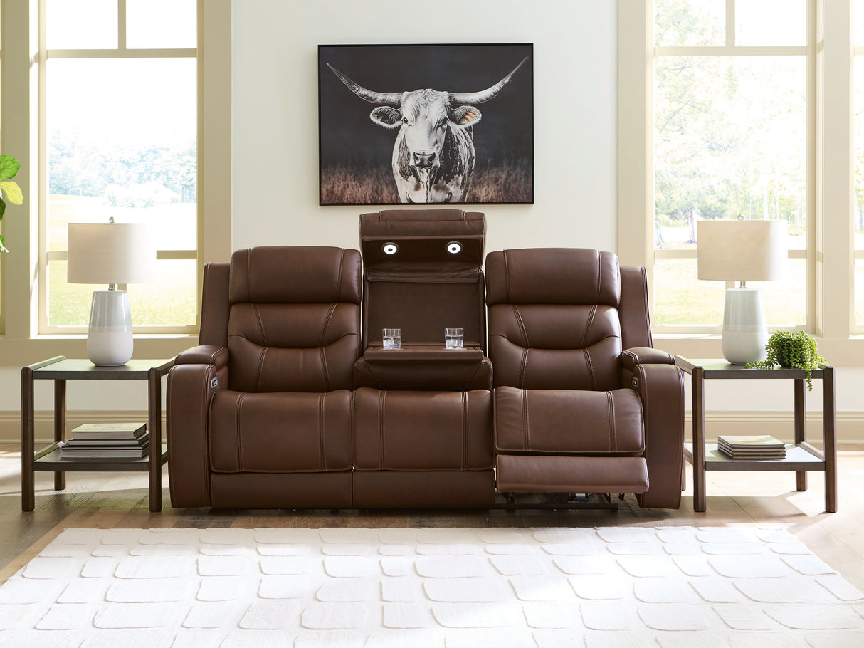 Knightington Power Reclining Sofa with Audio Seating (Color: Brown)