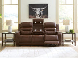 Knightington Power Reclining Sofa with Audio Seating (Color: Brown)