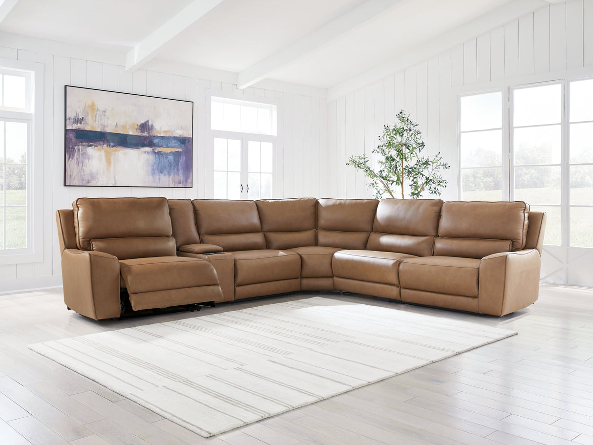 DeepWakes Reclining Sectional with Storage Console (Configuration: 6-Piece (Power Armless Recliner, Armless Chair, Console with Storage, Left-Arm Facing Power Recliner, Right-Arm Facing Power Recliner, Wedge))