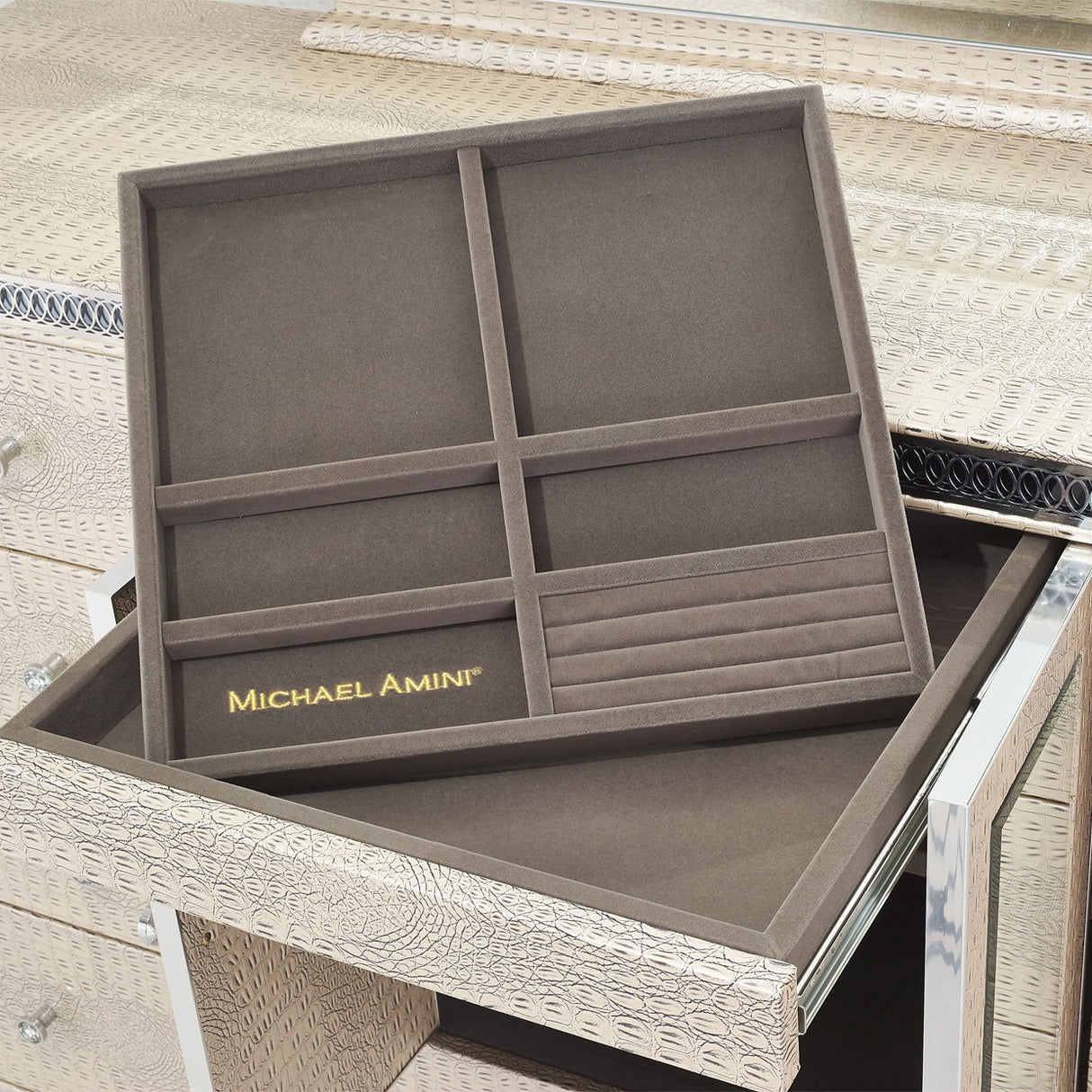 Hollywood Swank - Upholstered Dresser with Mirror - Crystal Croc